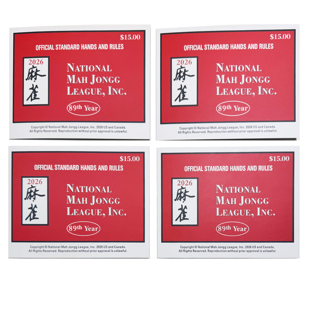 Four red 2026 National Mah Jongg League large print Mahjong cards displayed in a four-card grid on a white background.