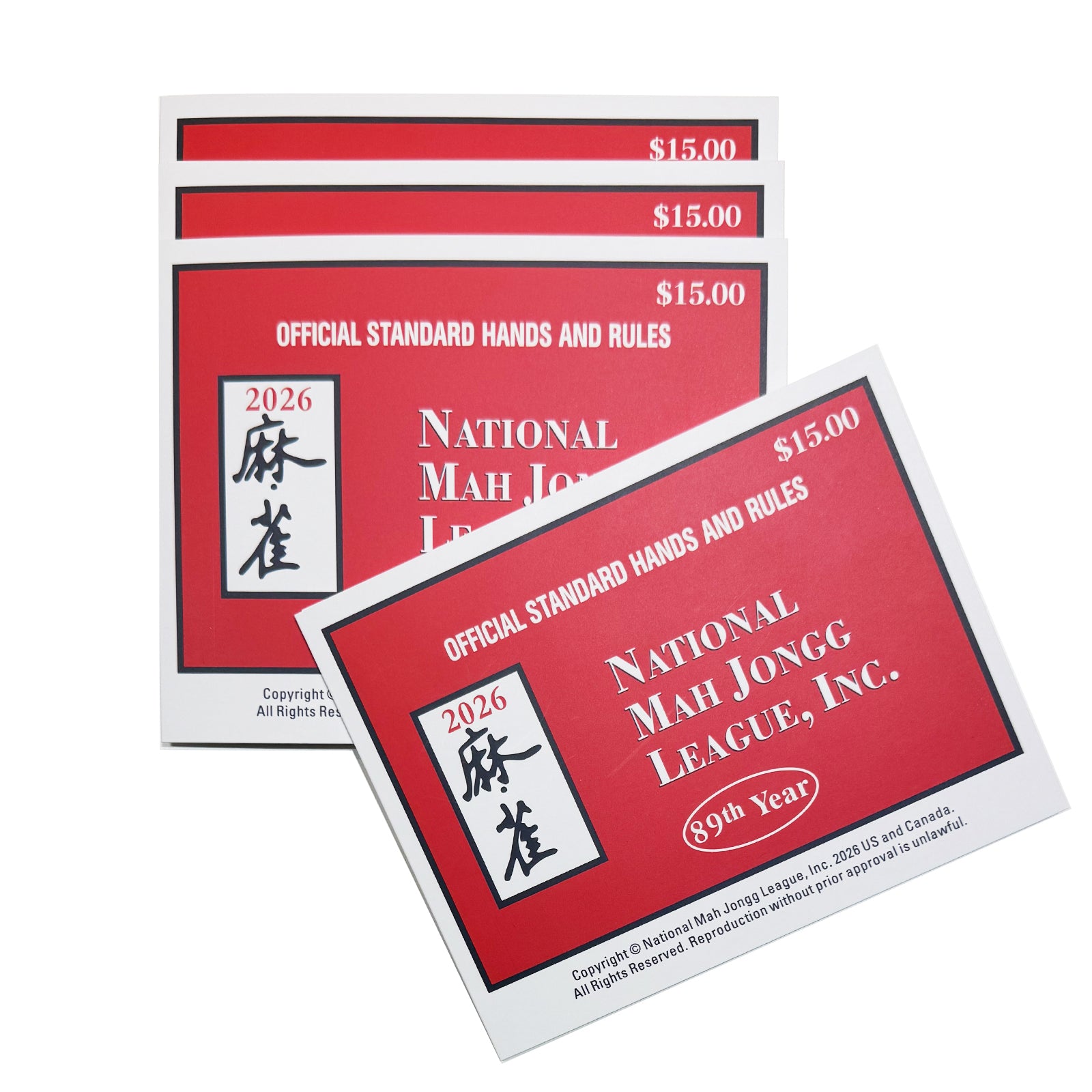 Four red 2026 National Mah Jongg League large print Mahjong cards overlapping on a white background.